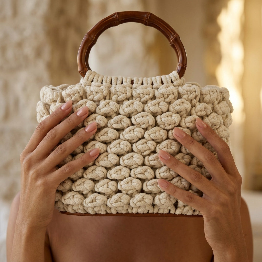 Close-up of intricate macramé knotwork showing the detail of handcrafted luxury