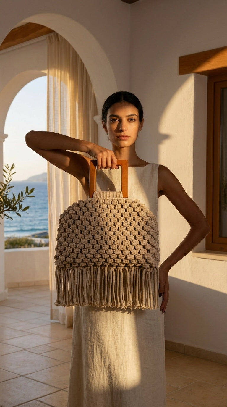 Artisan hands carefully knotting natural cotton cord into a macramé pattern