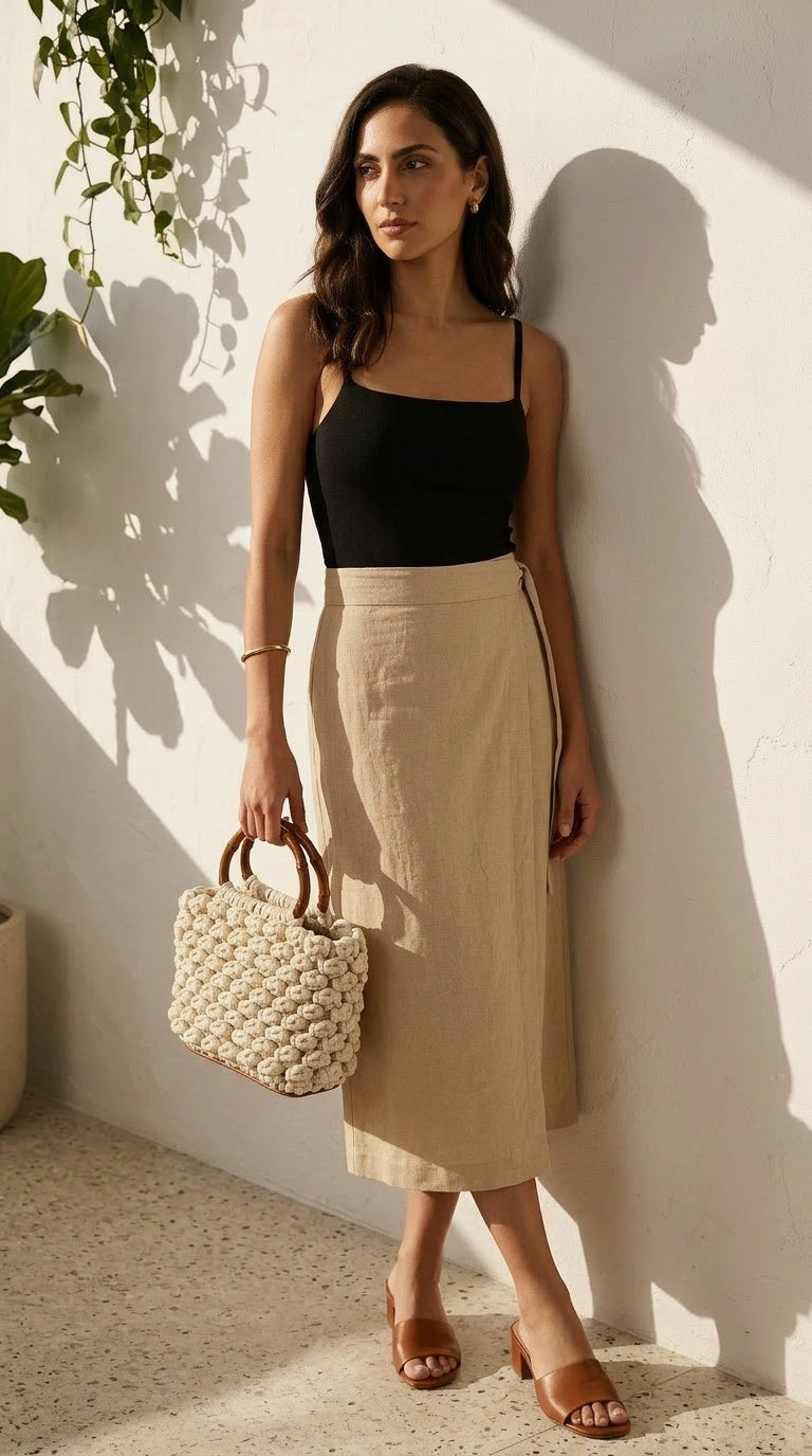 Woman holding a woven bag against a white wall with shadows.