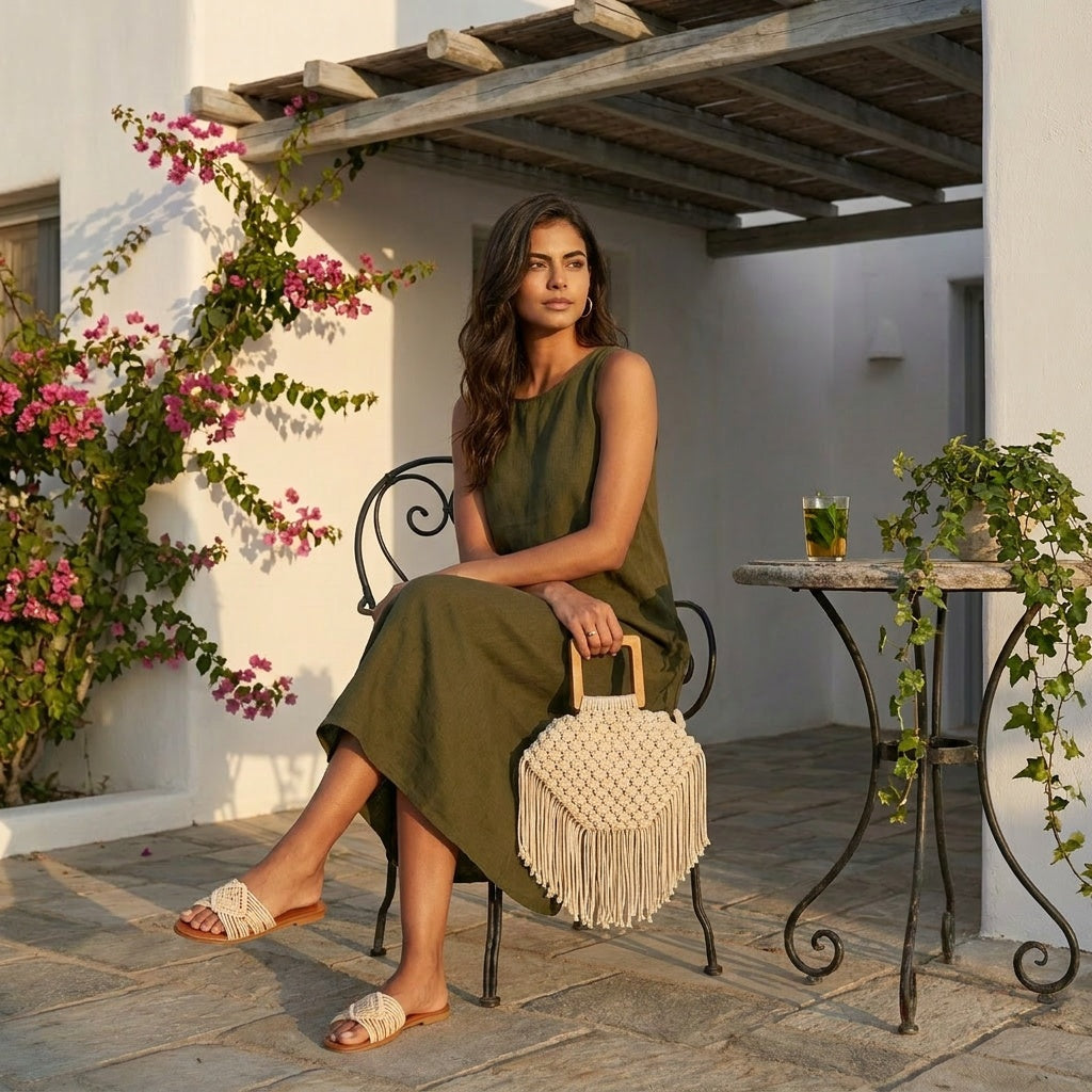 Woman in a green dress sitting outdoors with a handbag, surrounded by plants and a white building. Mawj Bag Zawjien 