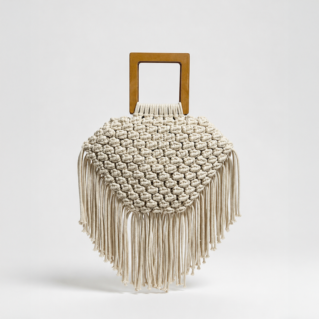 Woven stool with fringe details and a wooden handle on a white background Mawj Bag Zawjien  - tryon