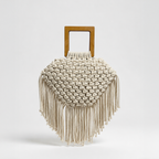 Woven stool with fringe details and a wooden handle on a white background Mawj Bag Zawjien  - tryon
