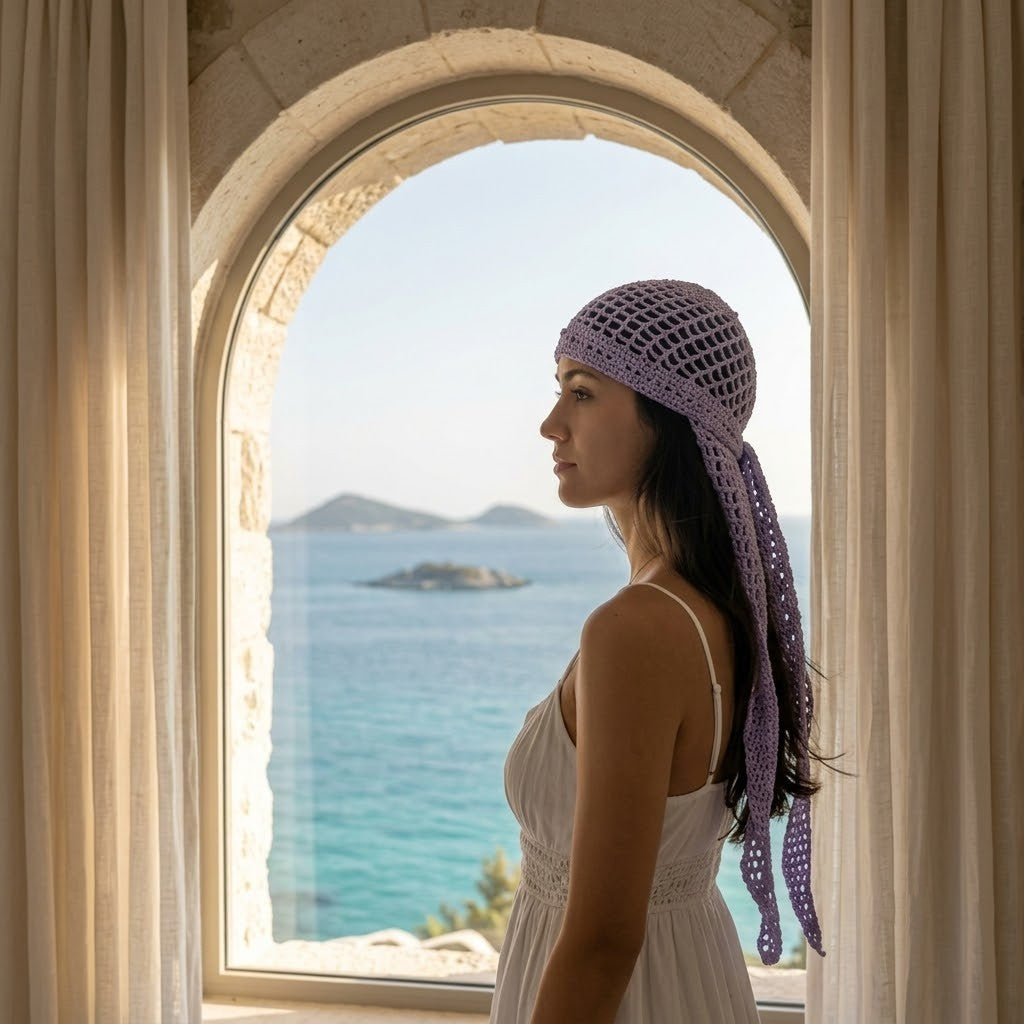 Woman wearing a purple headscarf looking out of an arched window with a scenic view of the sea.Zawjien HeadScarf