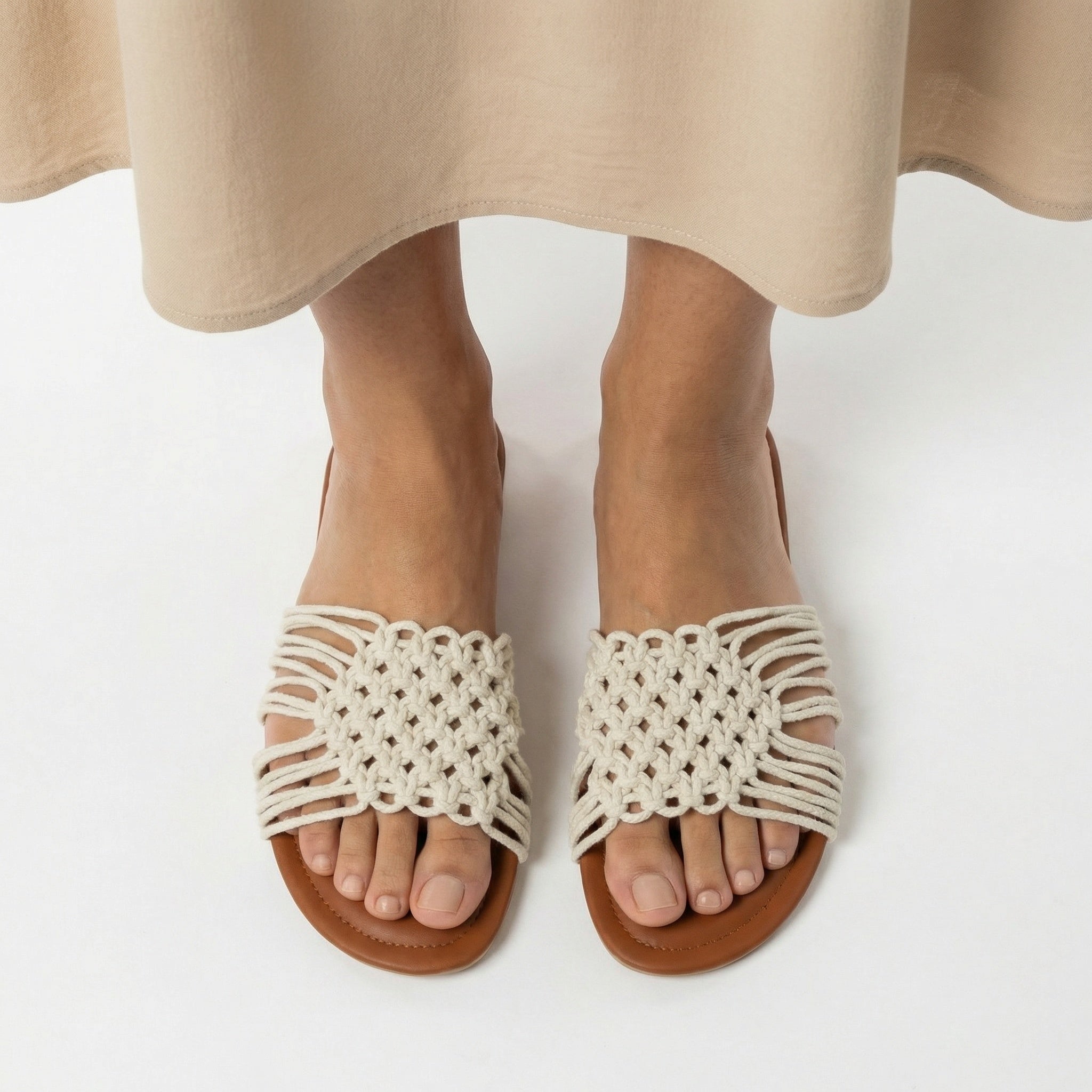 ZAWJIEN Serena Slides - Handcrafted macrame slippers, front view - tryon